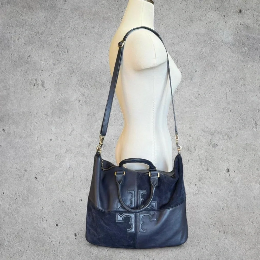 Tory Burch Navy Blue ‘Natalie’ Leather and Suede Satchel/Shoulder/Crossbody Bag - Picture 2 of 8